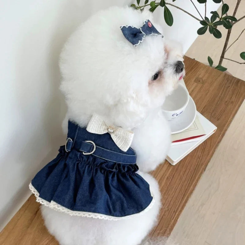 Chic Dog Denim Skirt with Bow & Pearl Appliqué