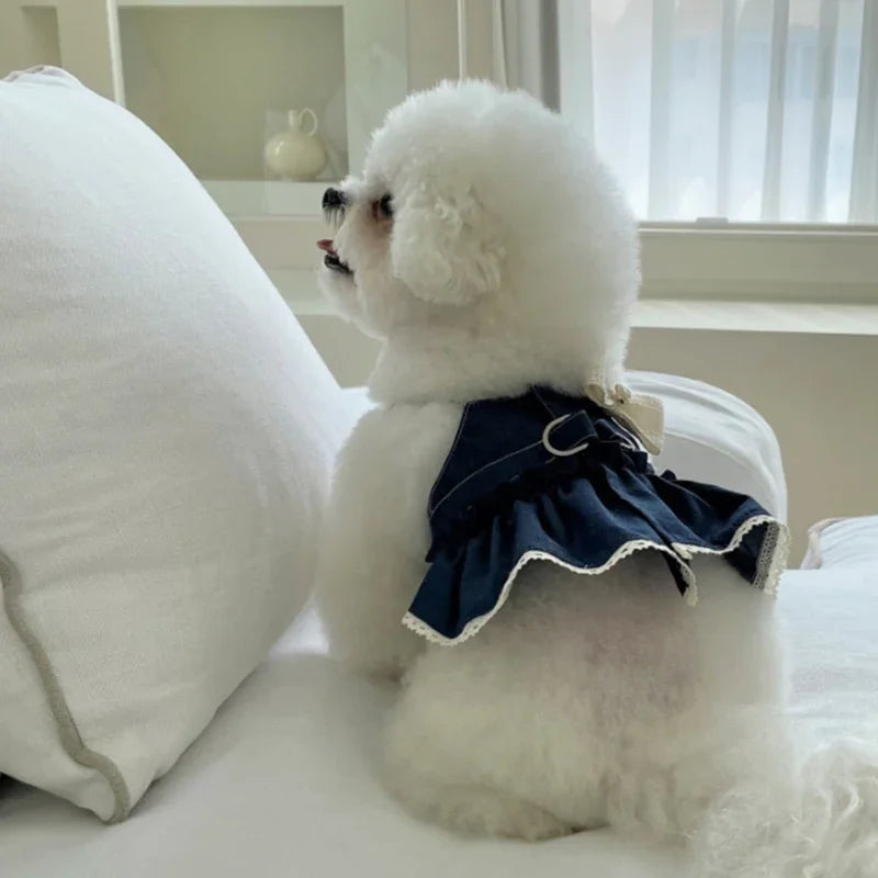 Chic Dog Denim Skirt with Bow & Pearl Appliqué