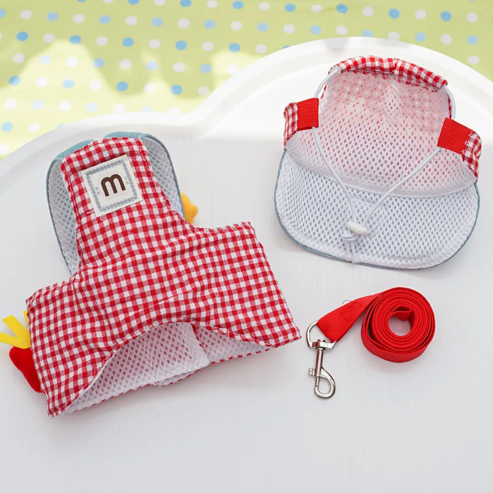 3PCS Cartoon Dog Harness Leash and Hat Set Unisex Cute Outdoor Pet Accessories Sunscreen Cap for Small Dogs Puppy Vest Harness