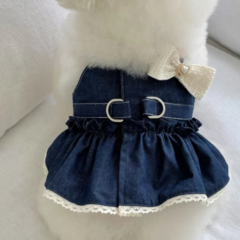 Chic Dog Denim Skirt with Bow & Pearl Appliqué