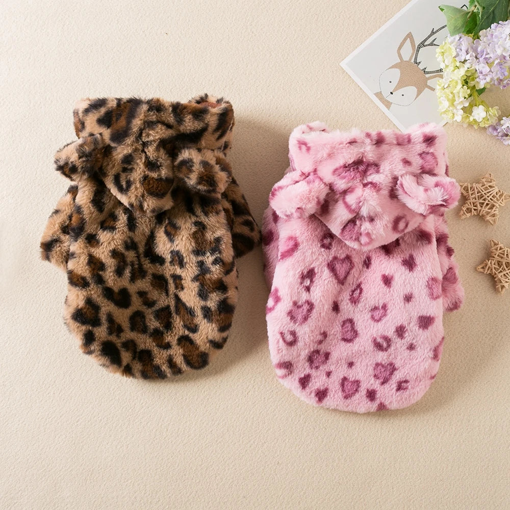 Warm Fleece Dog Hoodie - Leopard Print Coat for Small to Medium Dogs
