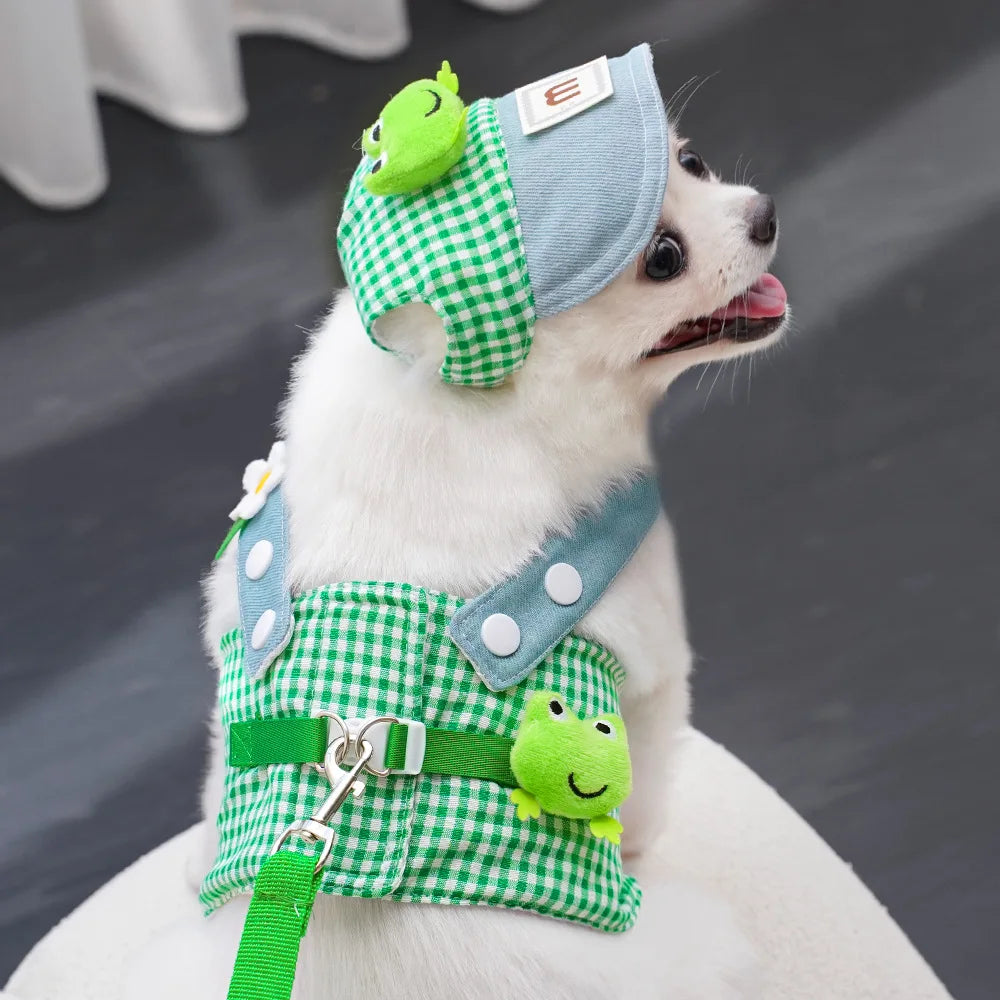3PCS Cartoon Dog Harness Leash and Hat Set Unisex Cute Outdoor Pet Accessories Sunscreen Cap for Small Dogs Puppy Vest Harness