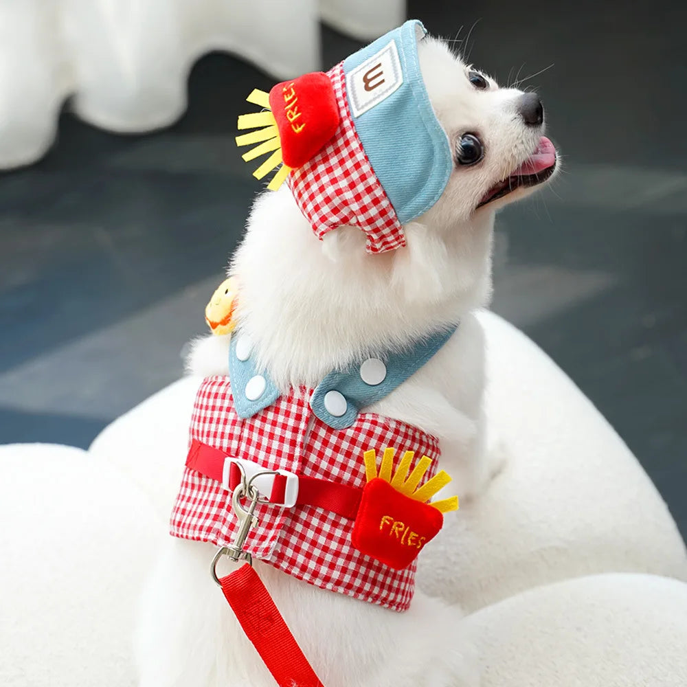 3PCS Cartoon Dog Harness Leash and Hat Set Unisex Cute Outdoor Pet Accessories Sunscreen Cap for Small Dogs Puppy Vest Harness