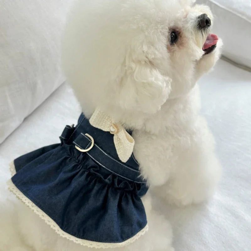 Chic Dog Denim Skirt with Bow & Pearl Appliqué