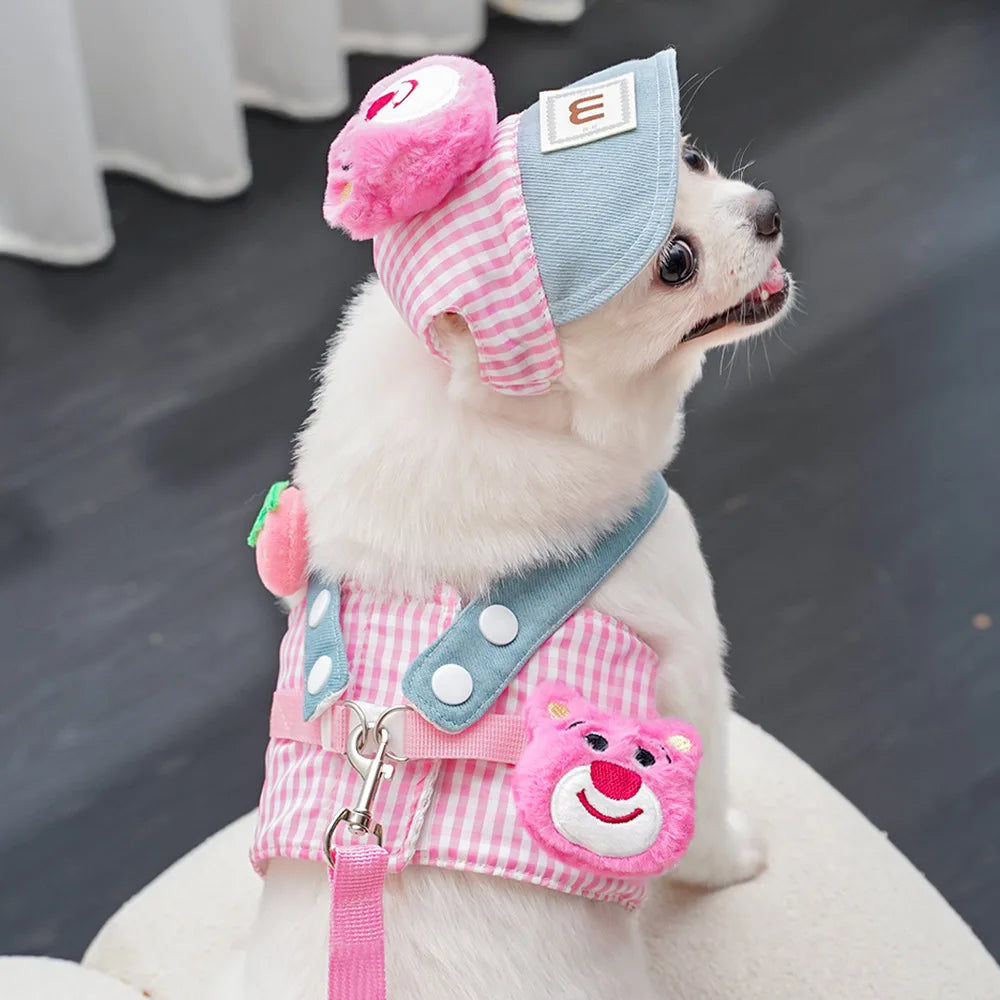3PCS Cartoon Dog Harness Leash and Hat Set Unisex Cute Outdoor Pet Accessories Sunscreen Cap for Small Dogs Puppy Vest Harness