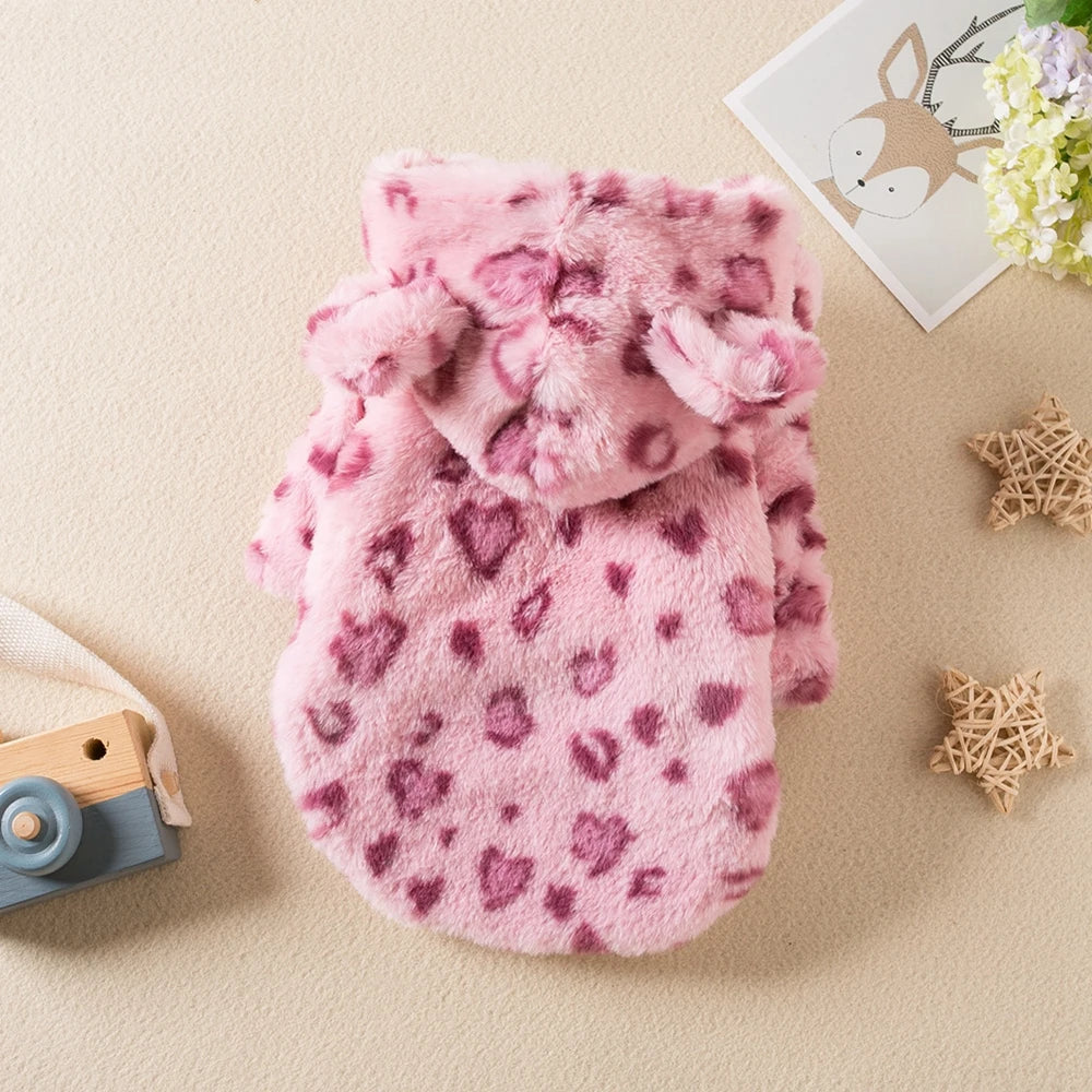 Warm Fleece Dog Hoodie - Leopard Print Coat for Small to Medium Dogs