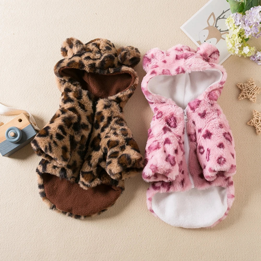Warm Fleece Dog Hoodie - Leopard Print Coat for Small to Medium Dogs