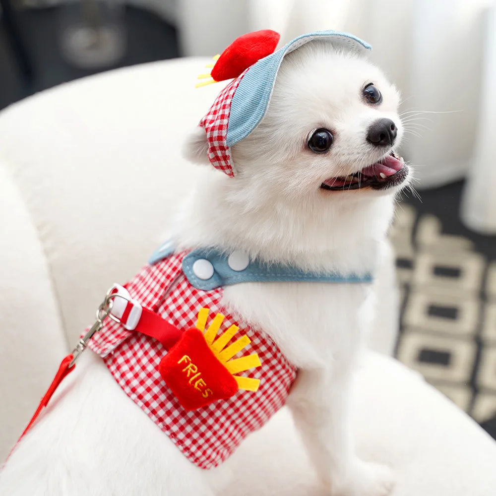 3PCS Cartoon Dog Harness Leash and Hat Set Unisex Cute Outdoor Pet Accessories Sunscreen Cap for Small Dogs Puppy Vest Harness