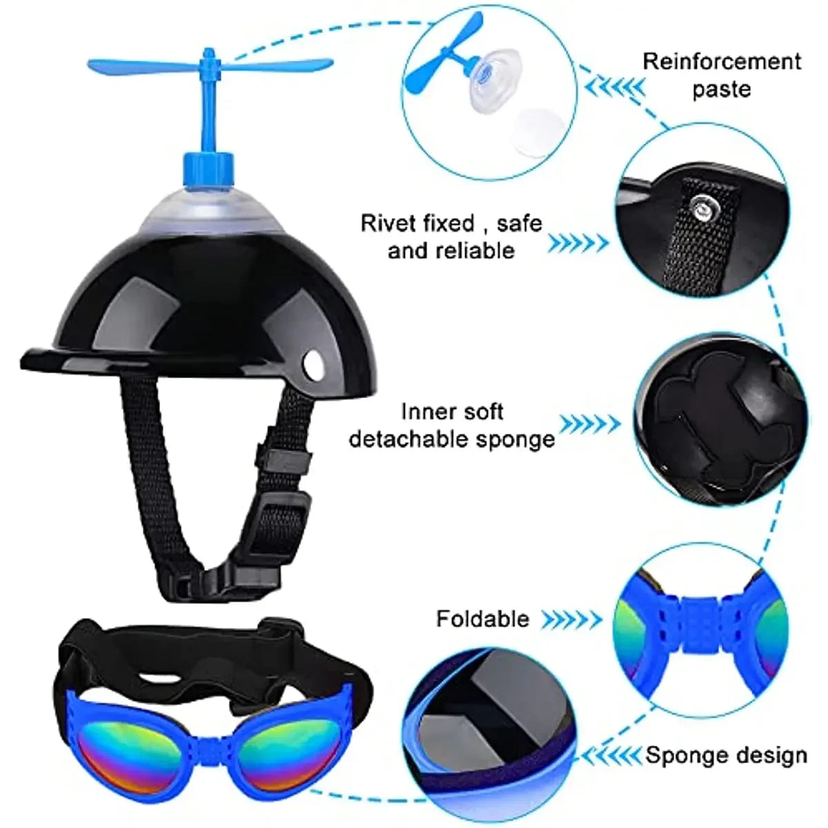 ATUBAN Adjustable Dog Helmet & Goggles Set with Adorable Propeller