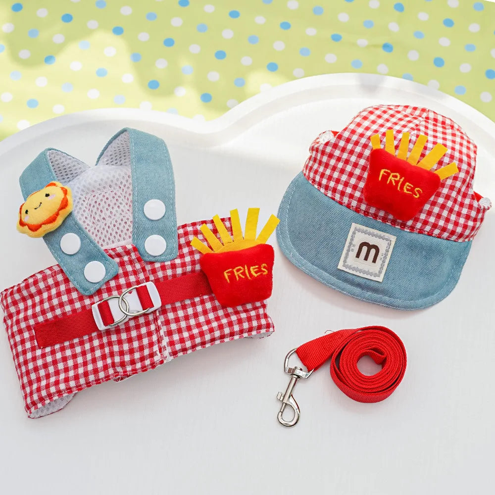 3PCS Cartoon Dog Harness Leash and Hat Set Unisex Cute Outdoor Pet Accessories Sunscreen Cap for Small Dogs Puppy Vest Harness